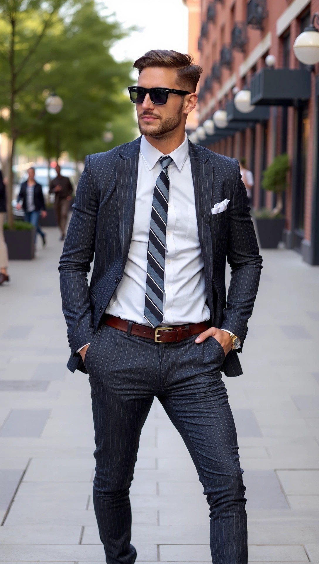 Uomo che indossa un outfit con completo gessato moderno e cravatta a righe.