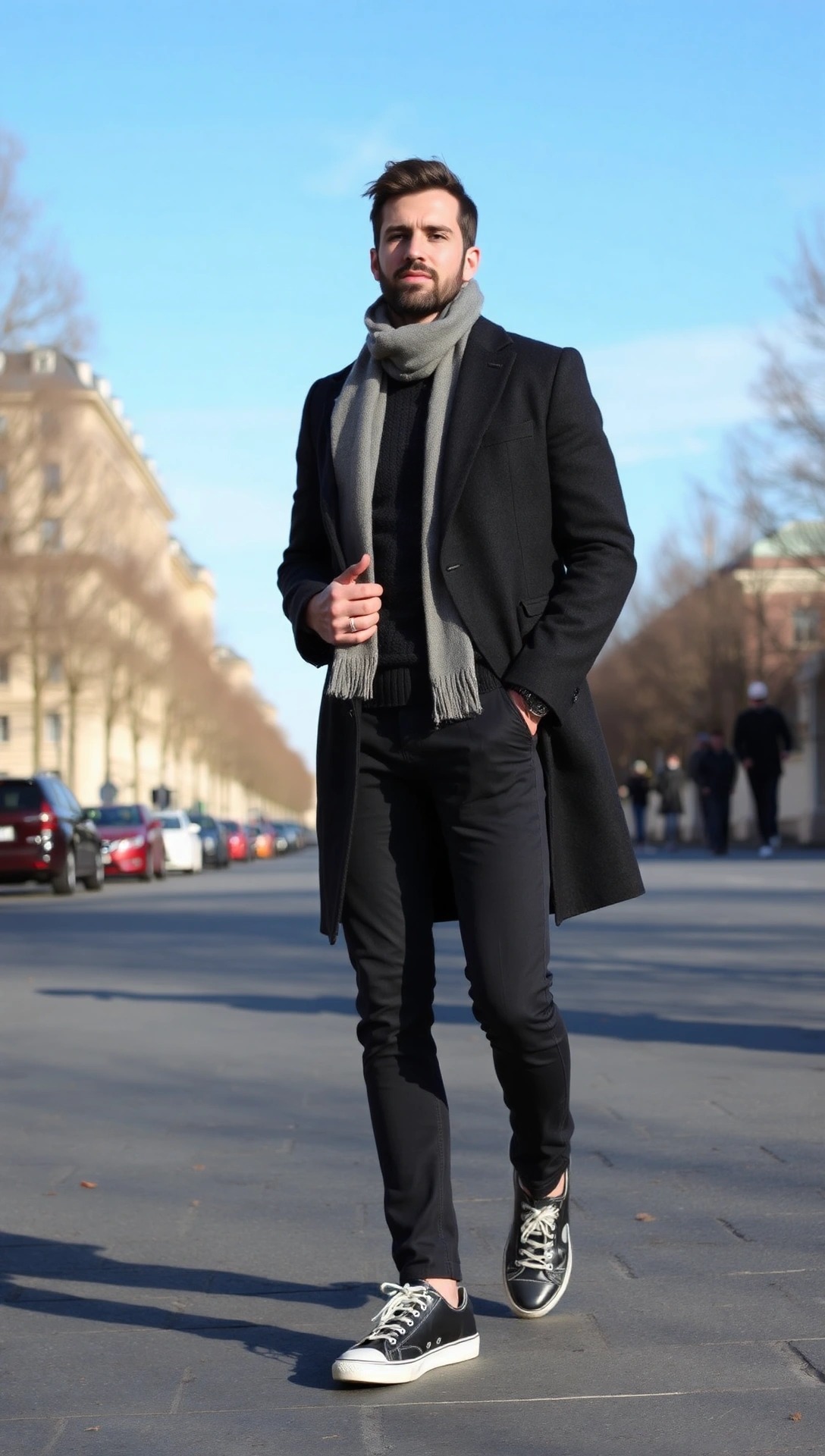 Look da uomo per Parigi a ottobre: cappotto nero, maglione scuro e sciarpa grigia, un perfetto esempio di come vestirsi a strati con stile.