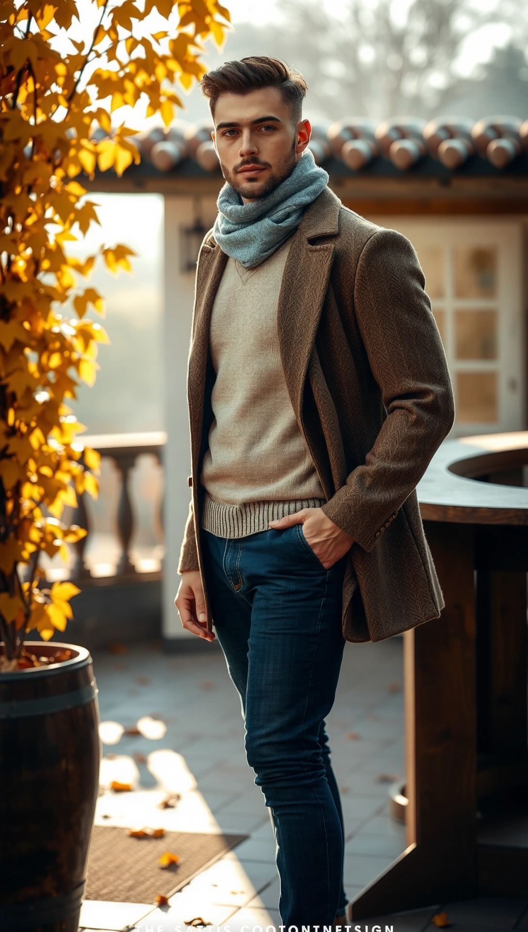 Uomo con look autunnale elegante, indossa un maglione beige sotto una giacca in tweed marrone, jeans scuri e sciarpa grigia in cashmere. Outfit sofisticato perfetto per il weekend o un pomeriggio tra amici in un contesto autunnale con foglie dorate.