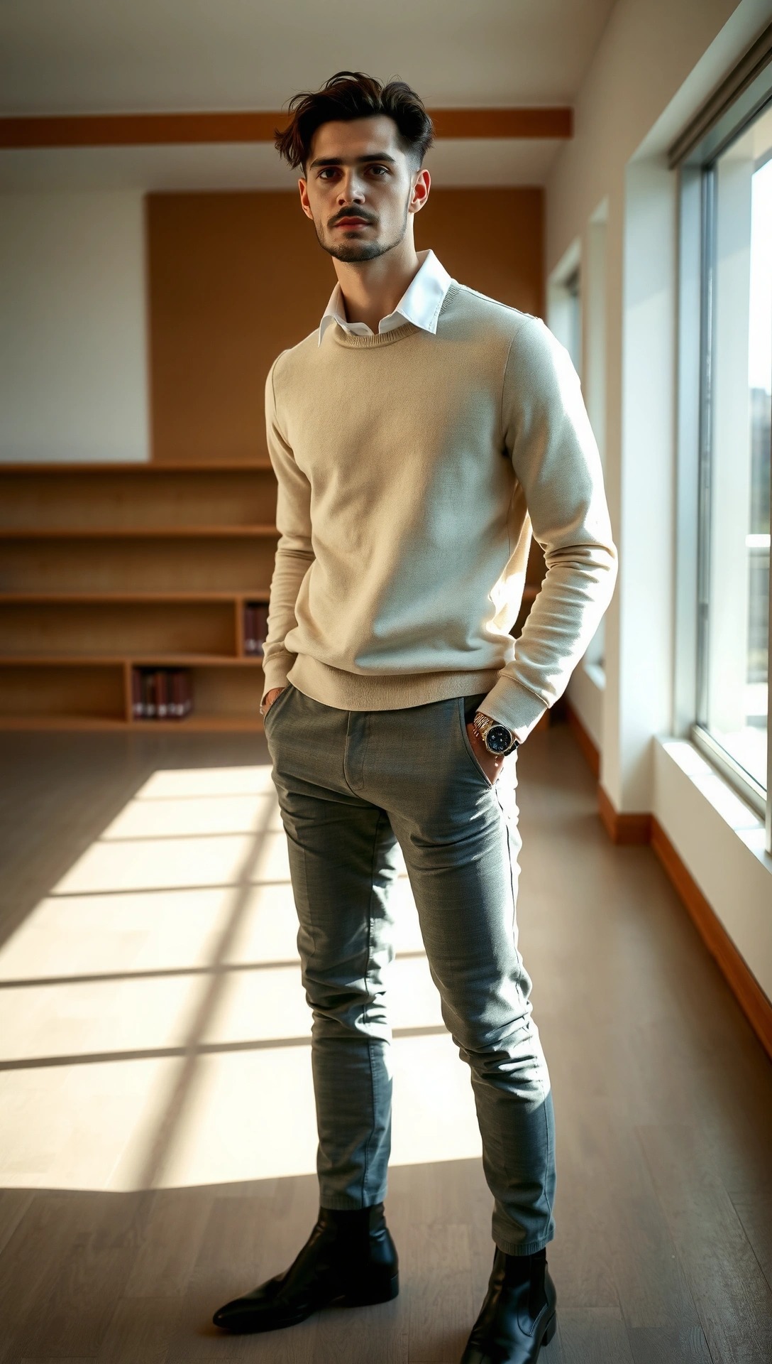 uomo con maglione beige sopra camicia bianca e pantaloni grigi eleganti, look smart casual raffinato