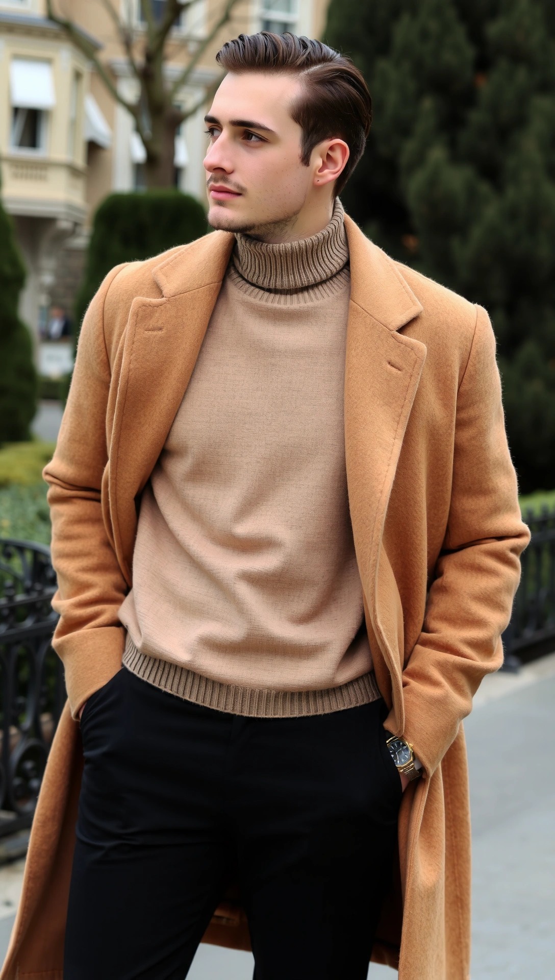 Uomo elegante in città con maglione beige in cashmere, pantaloni neri sartoriali e cappotto cammello lungo. Look smart elegance raffinato, perfetto per l’ufficio o una serata invernale sofisticata.