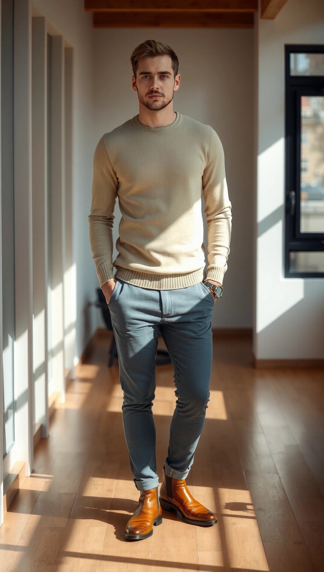 Uomo elegante in un ambiente interno moderno, indossa un maglione beige, pantaloni grigi e stivaletti in pelle marrone chiaro; look raffinato ma rilassato, illuminato da luce naturale.