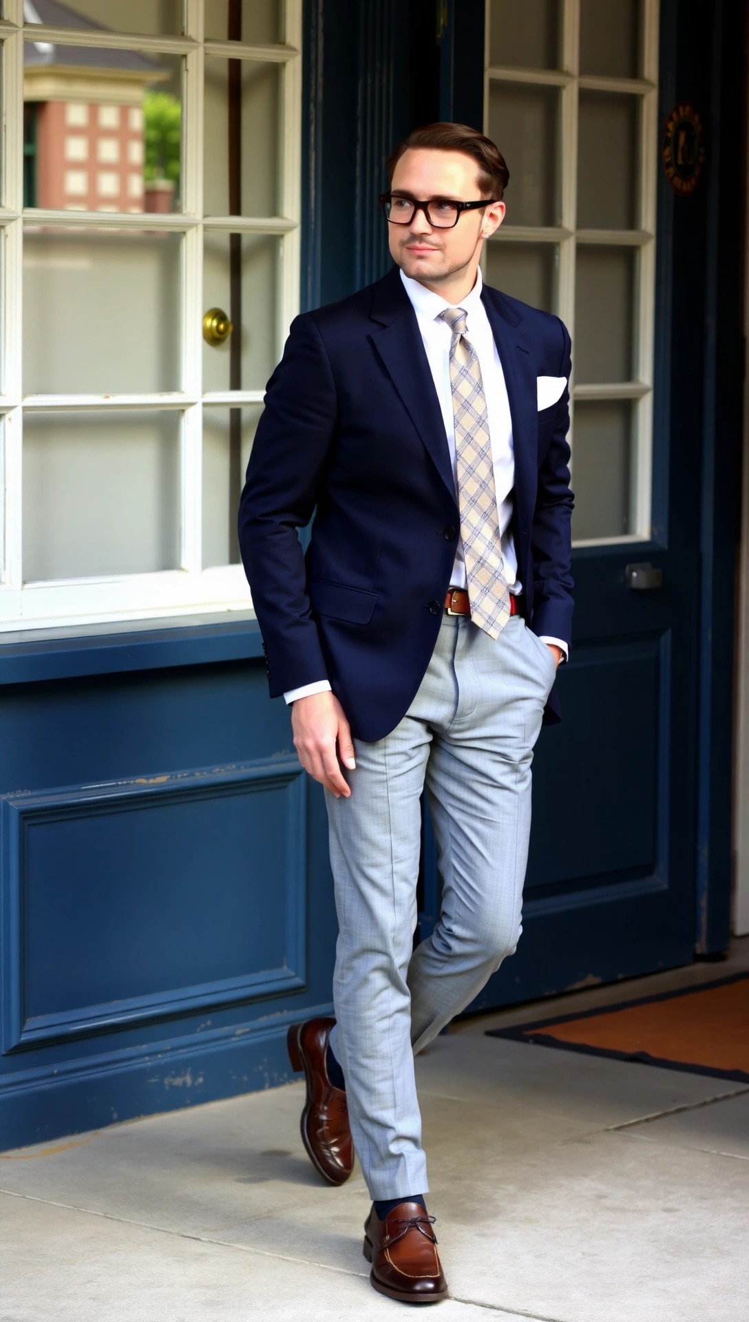Uomo con camicia di jeans abbinata a pantaloni chino beige e sneakers bianche, look casual chic perfetto per il giorno.