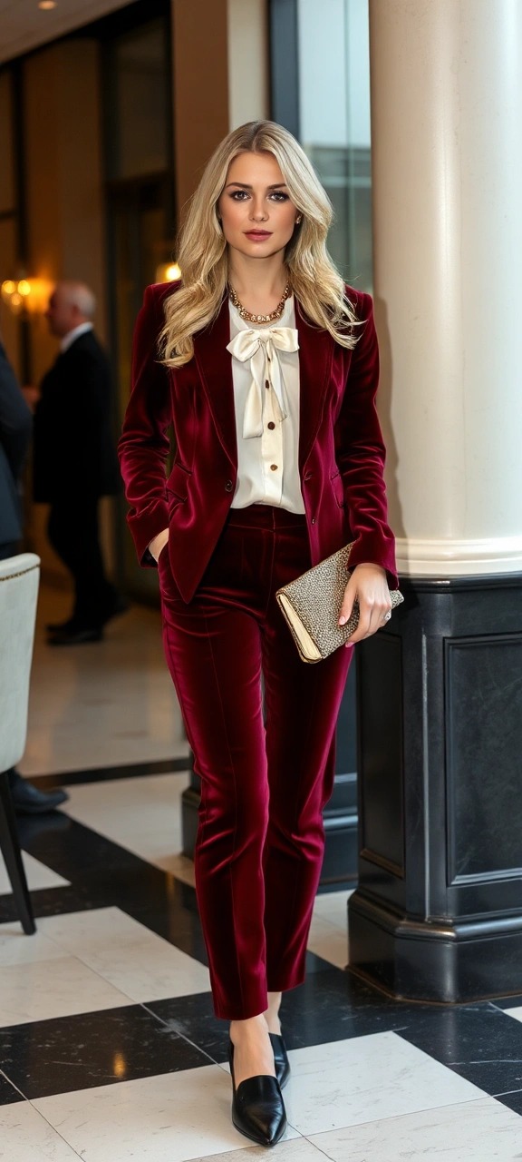 Donna con tailleur pantalone in velluto bordeaux abbinato a una camicia in seta color avorio con fiocco, un'idea look audace e di tendenza per un matrimonio invernale.