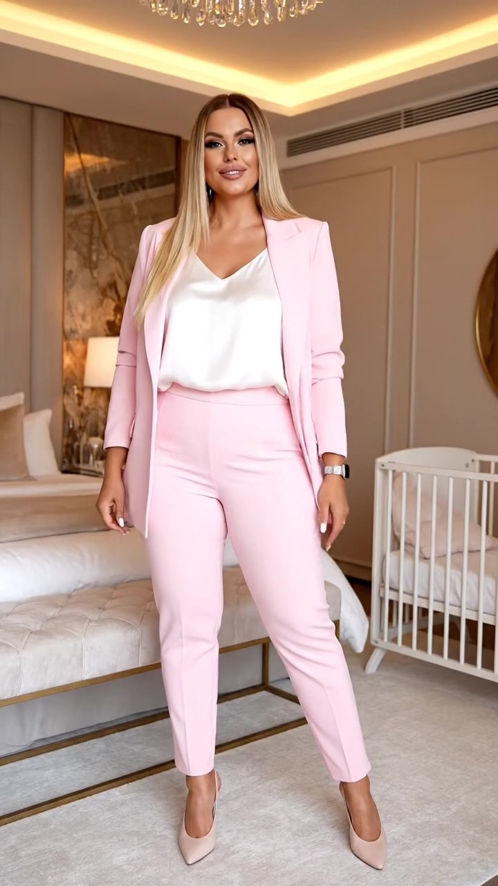 Elegante tailleur rosa cipria per mamma al battesimo composto da blazer strutturato e pantaloni a sigaretta con slingback bicolore.