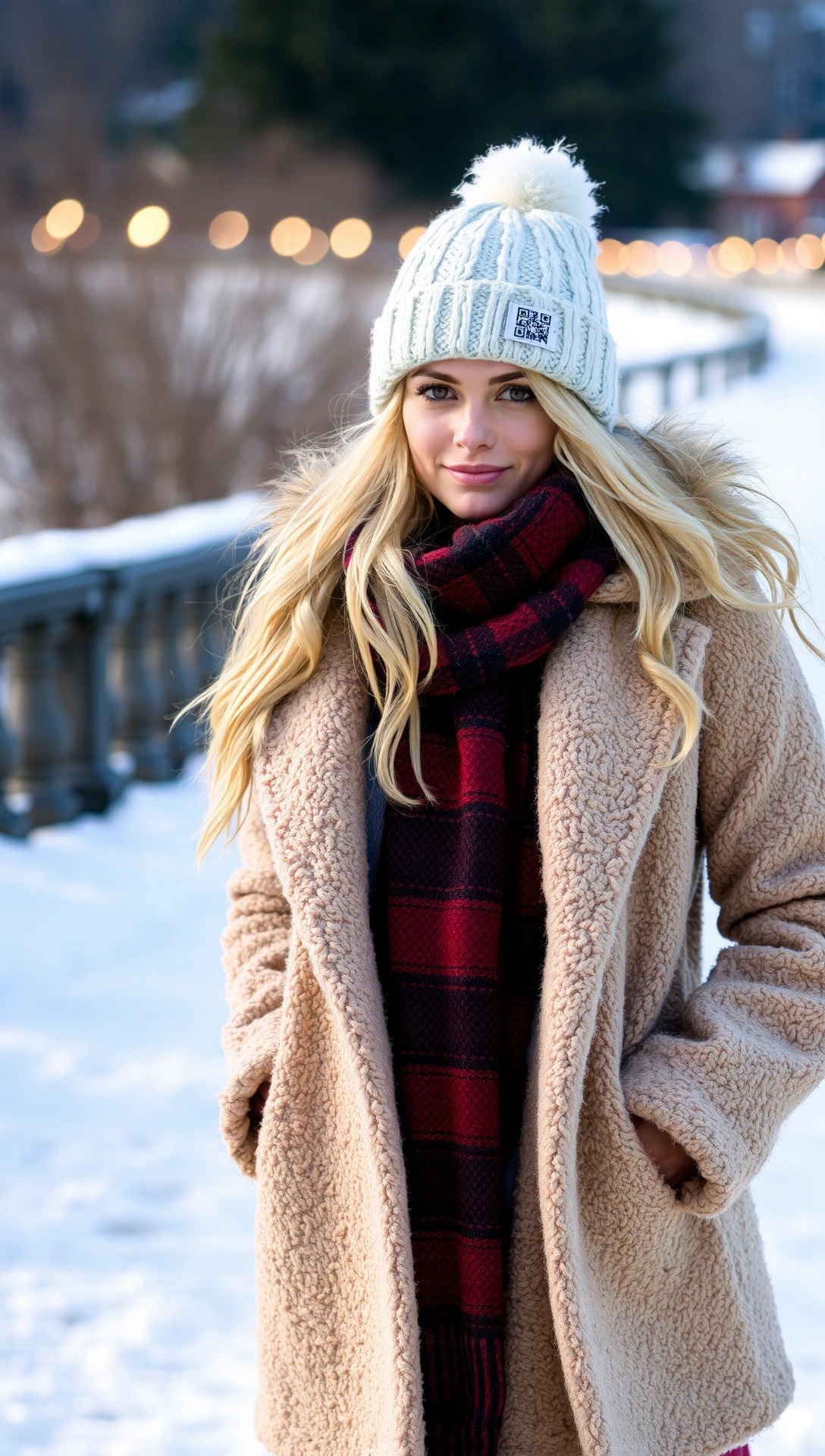 Come Vestirsi a Gennaio Donna: Guida Look Caldi e Chic 2025 5 Donna che indossa un cappotto teddy beige come terzo strato (outer layer) per un look invernale, completato da sciarpa e cappello.