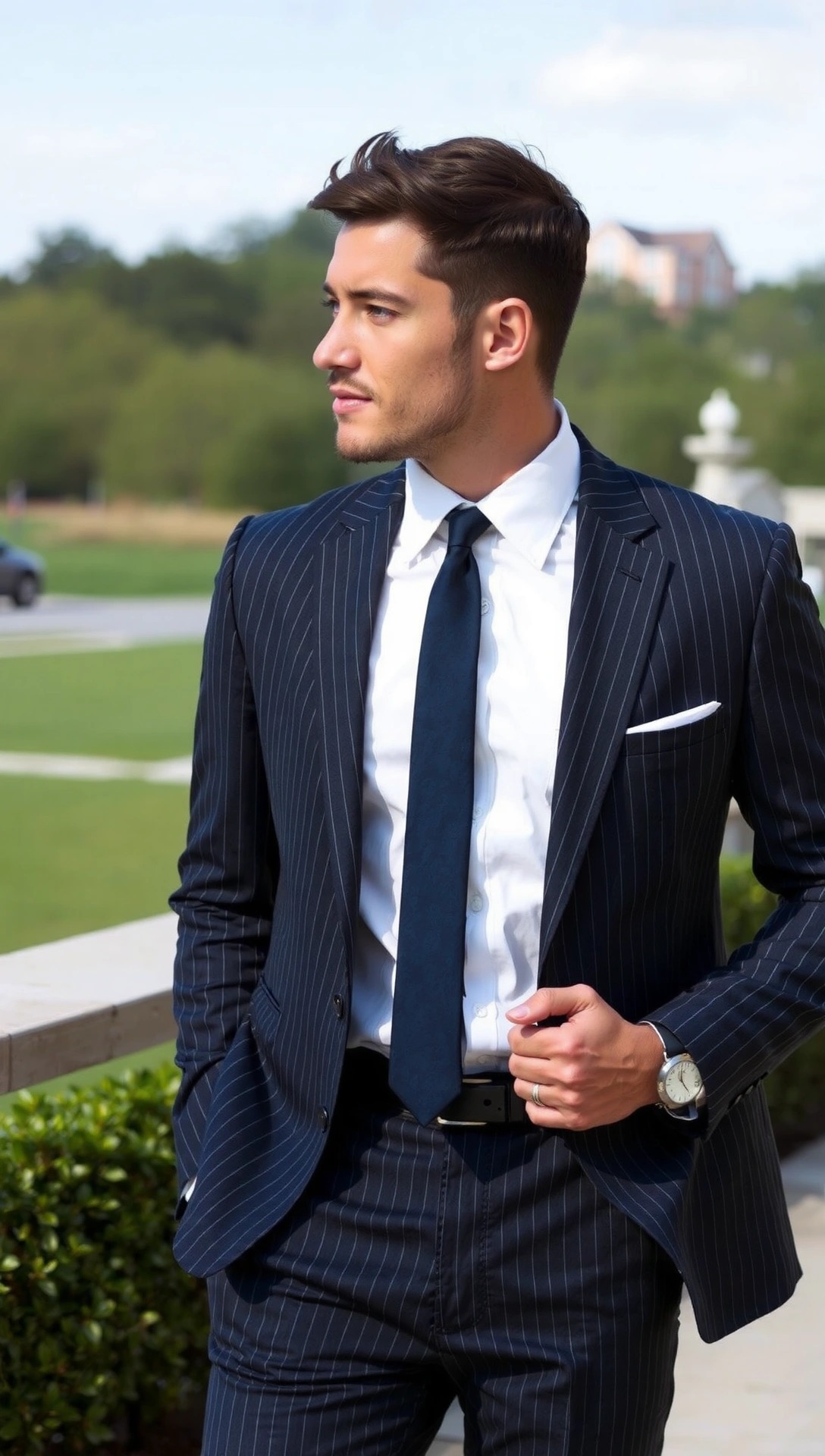 Uomo che indossa un elegante completo gessato blu navy con camicia bianca e cravatta scura.