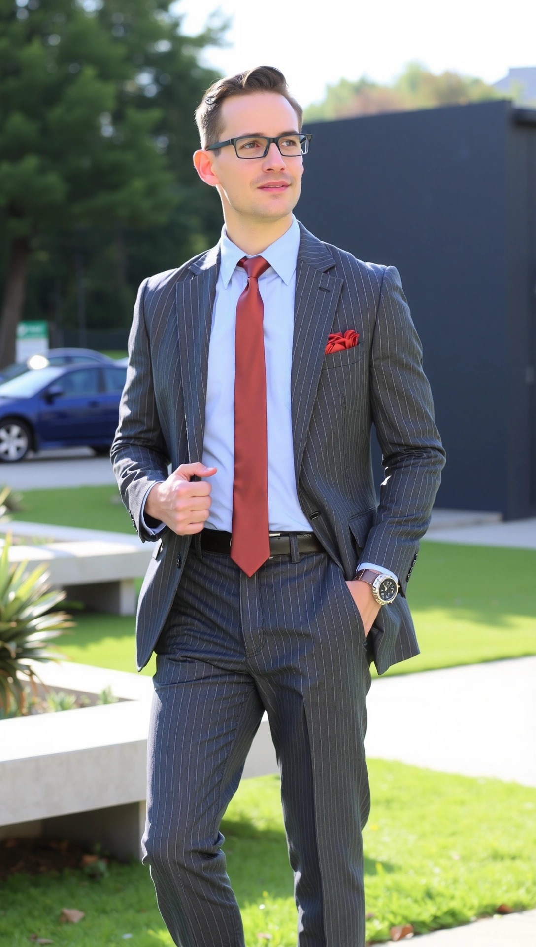 Uomo in completo gessato grigio antracite con camicia azzurra e cravatta colorata, per un look business.