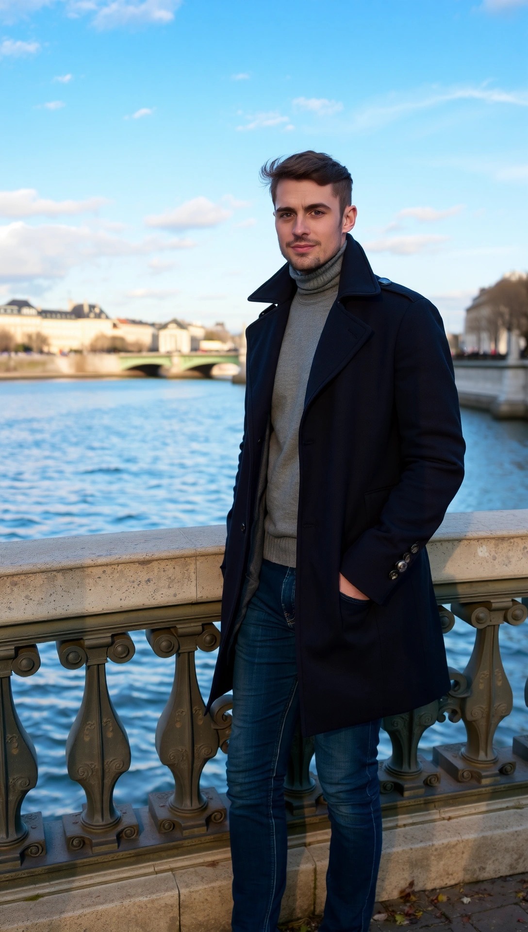 Uomo con indosso un trench blu navy, maglione e jeans per un outfit casual autunnale, in posa lungo la Senna a Parigi.