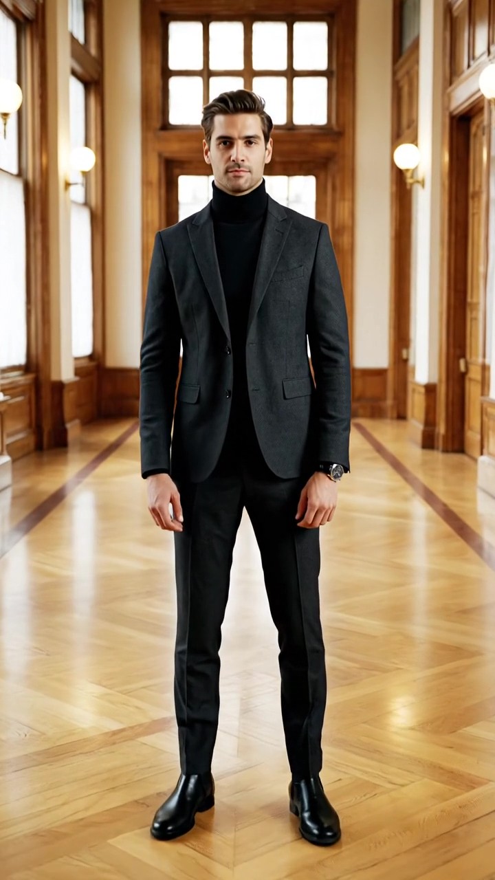 Look per laureando moderno composto da completo antracite e maglione dolcevita nero in cashmere per uno stile intellettuale