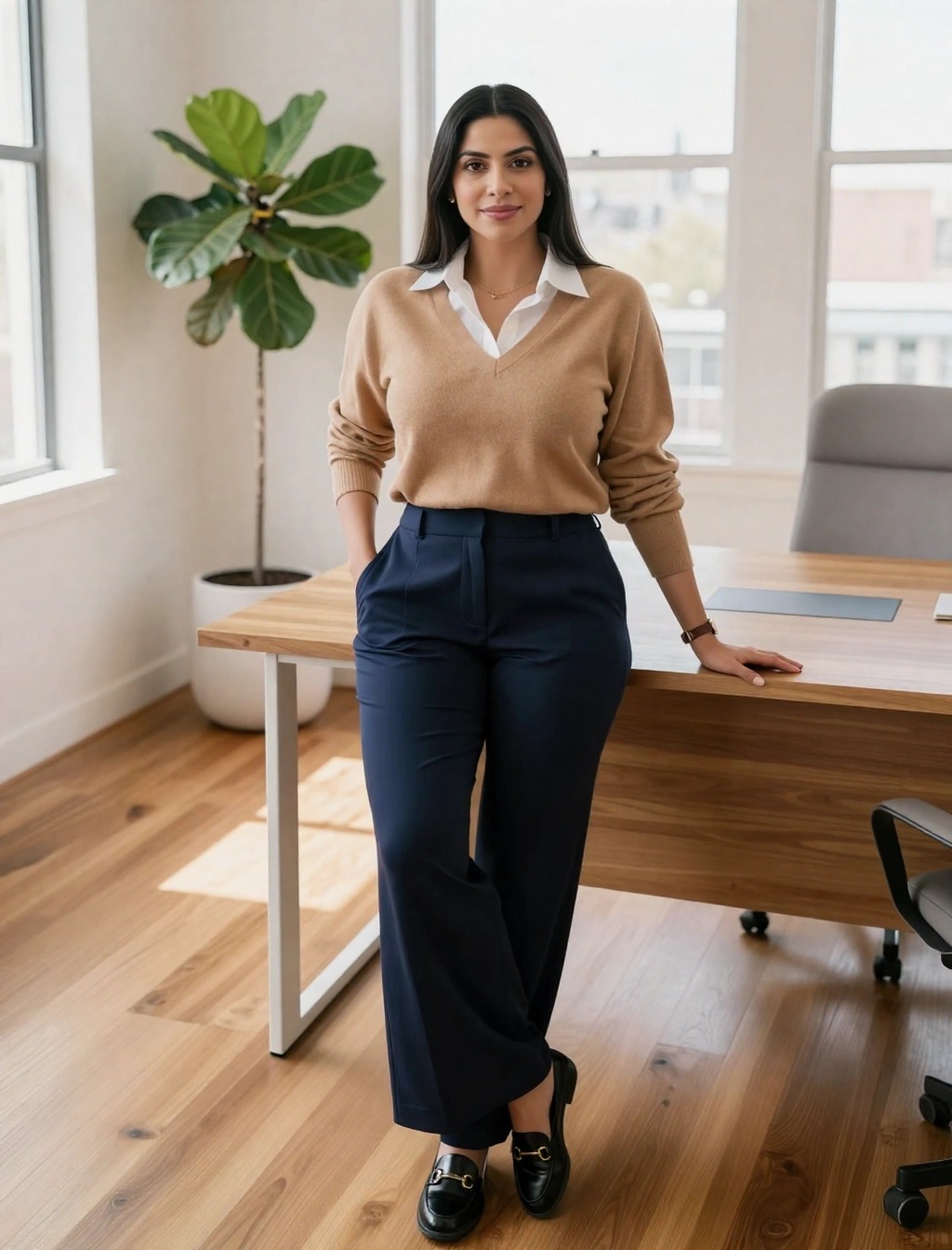 Come vestirsi con 15 gradi donna: Guida Look mezza stagione 20 outfit donna per 15 gradi elegante da ufficio con maglione beige e pantaloni blu