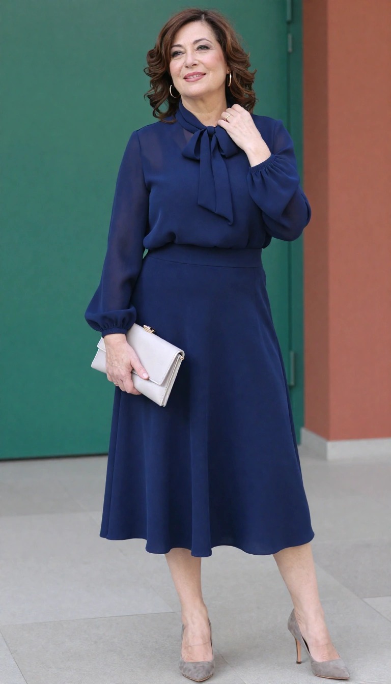 Donna matura con completo blu monocromatico, blusa con fiocco e gonna midi svasata, décolleté grigie e clutch chiara, outfit sobrio per mamma alla laurea della figlia