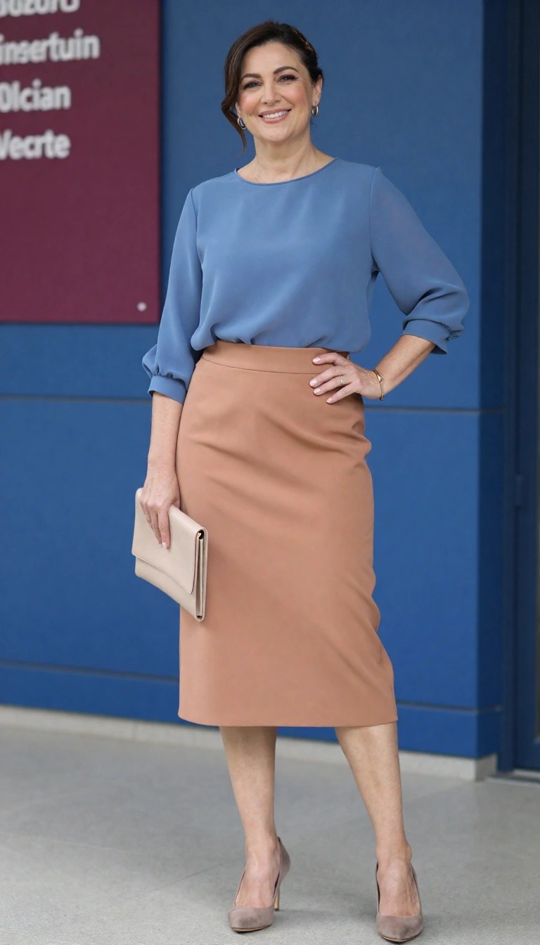 Donna elegante con blusa azzurra e gonna a matita color cammello al ginocchio, décolleté beige e pochette chiara, look raffinato per la laurea
