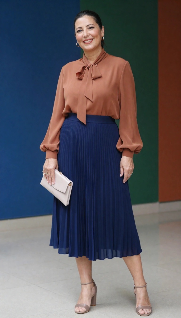 Donna matura con blusa color cuoio e gonna plissé blu midi, sandali nude e clutch chiara, outfit elegante per mamma alla laurea della figlia
