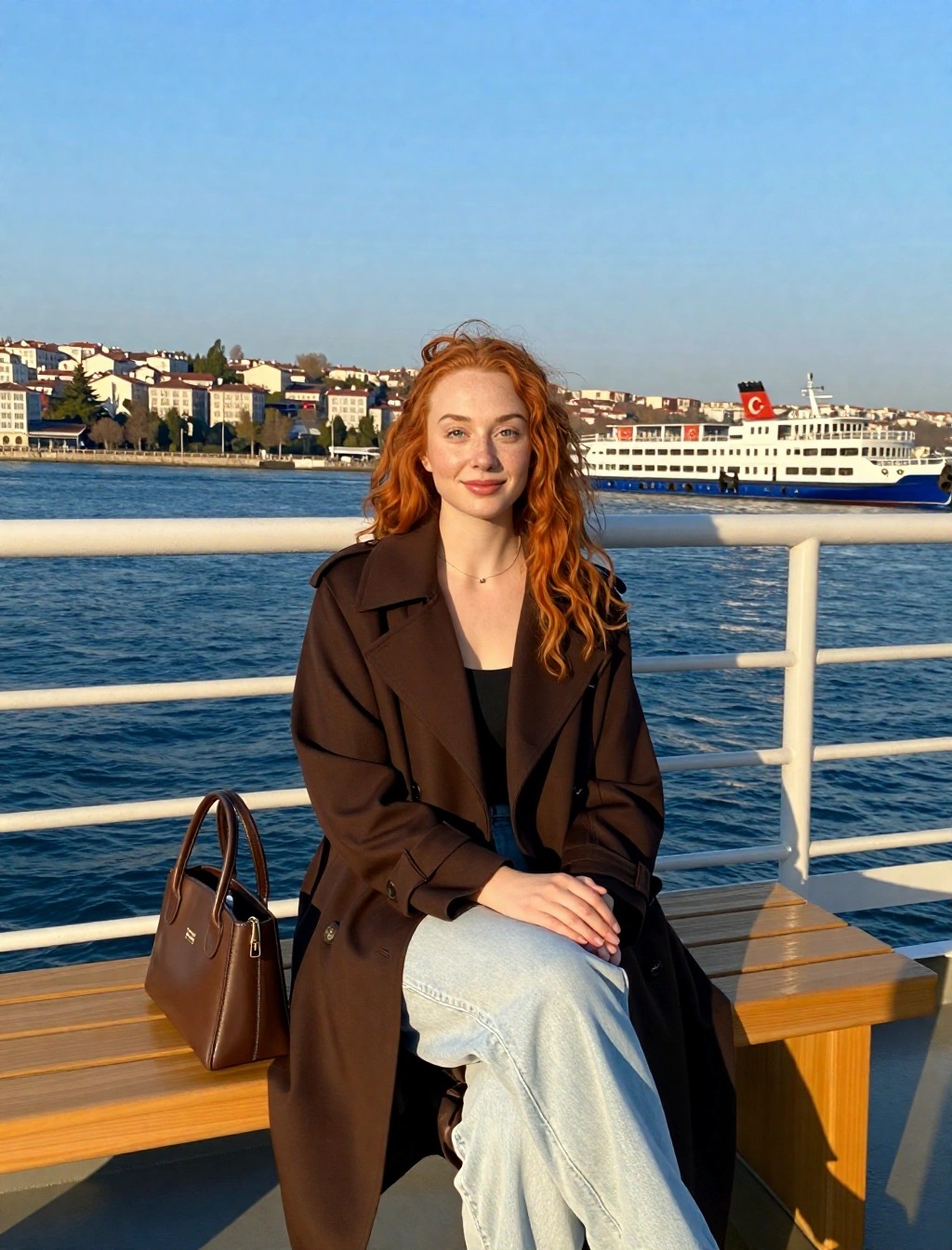 Come Vestirsi a Istanbul Donna: Guida Completa per Stagione 4 Outfit da donna per il Bosforo a Istanbul con trench marrone e jeans chiari sul traghetto al tramonto
