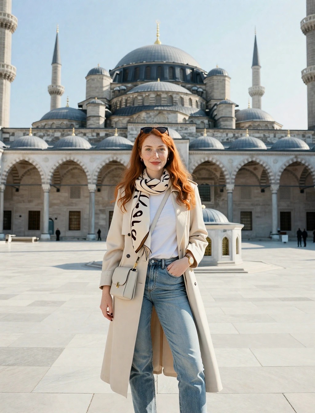 Come Vestirsi a Istanbul Donna: Guida Completa per Stagione 1 Donna con trench beige, jeans e foulard davanti alla Moschea Blu a Istanbul, outfit primaverile per visitare Sultanahmet
