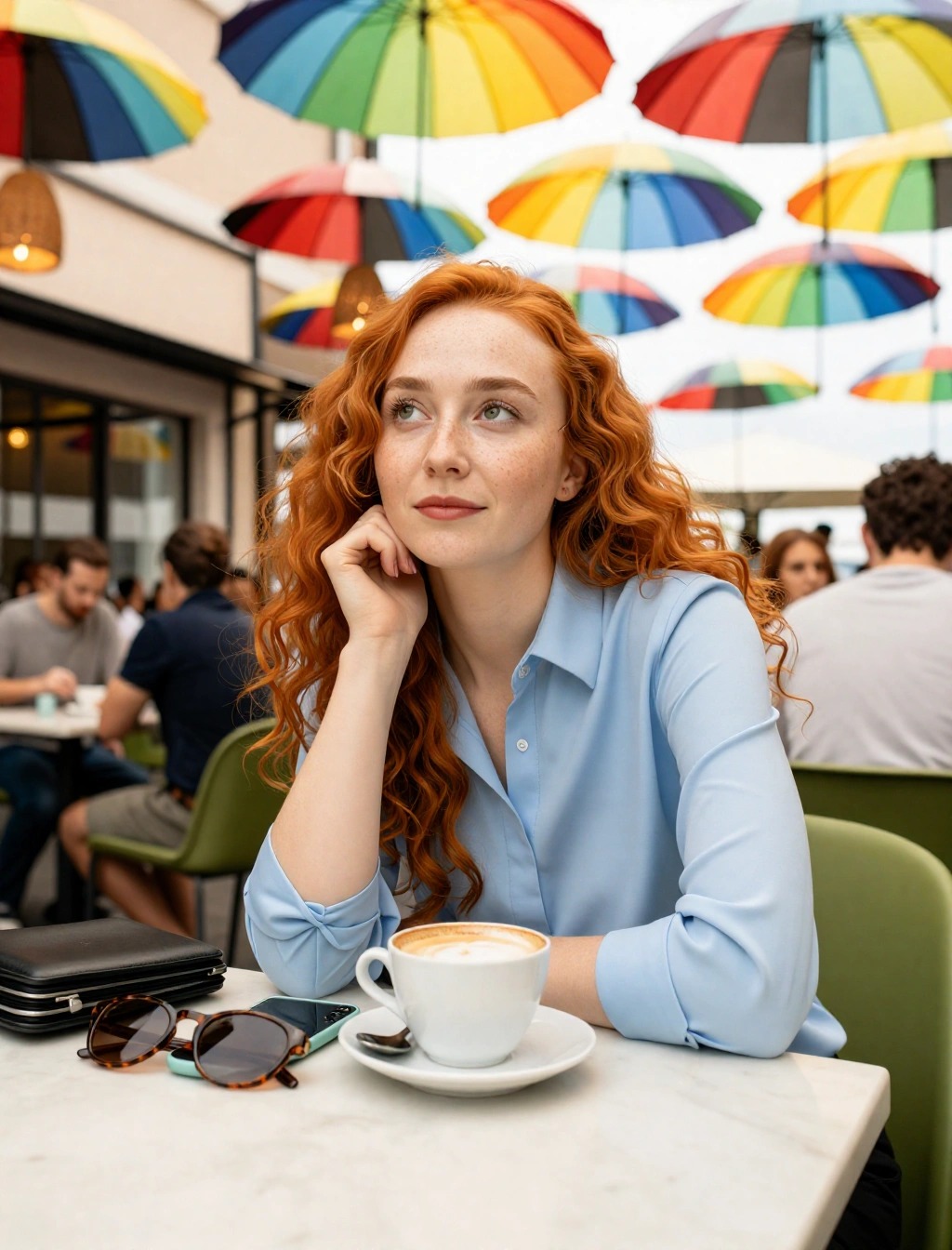 Come Vestirsi a Istanbul Donna: Guida Completa per Stagione 6 Donna con camicia azzurra in un caffè colorato a Istanbul, idea look elegante per Beyoğlu e Karaköy