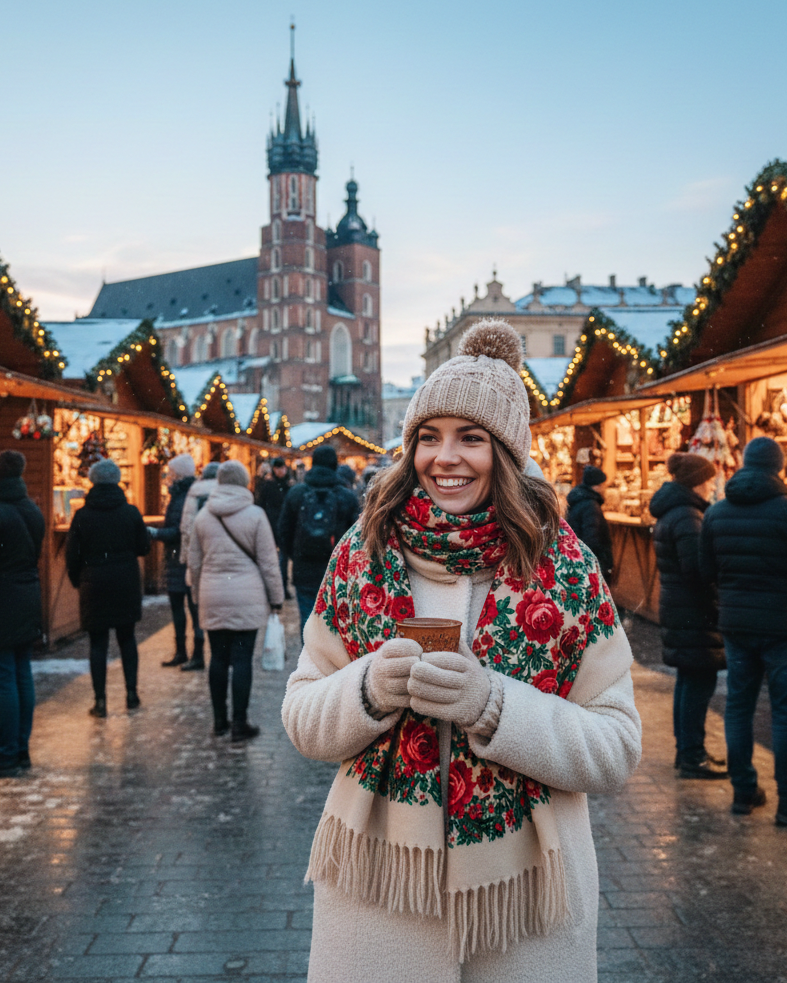 Una donna sorridente con sciarpa ricamata e cappotto bianco tiene una tazza calda tra le mani ai mercatini di Natale in Piazza del Mercato a Cracovia, con la Basilica di Santa Maria sullo sfondo.