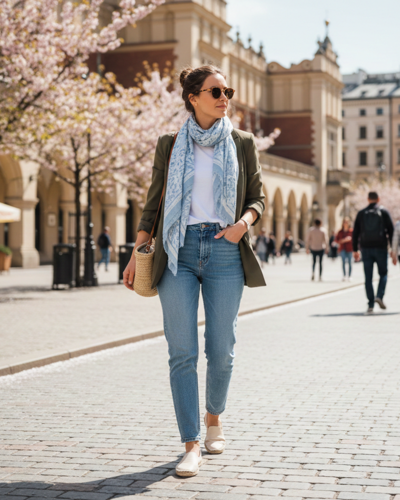 Donna che cammina nella piazza del mercato di Cracovia in primavera, indossando un outfit composto da blazer verde oliva, jeans a vita alta, sciarpa azzurra leggera e scarpe comode