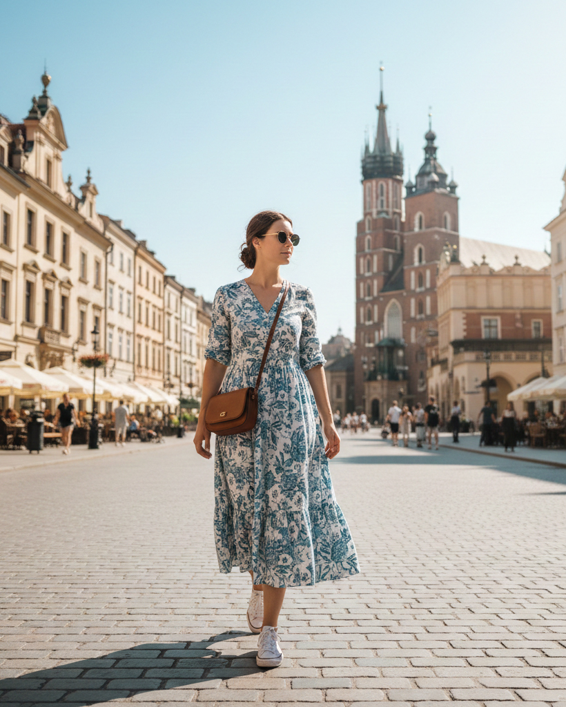 Una giovane donna che cammina nella piazza principale di Cracovia in estate, indossando un vestito midi in cotone a fantasia bianca e azzurra, sneakers bianche leggere e una borsa a tracolla marrone, con la Basilica di Santa Maria sullo sfondo.