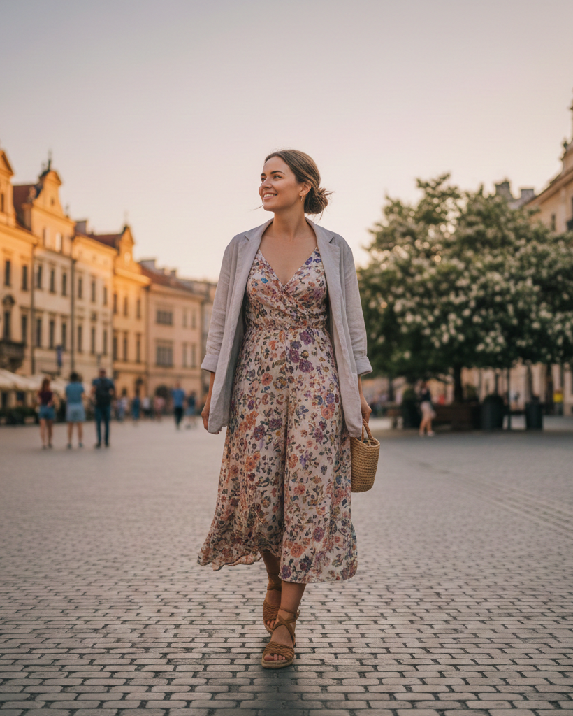 Donna che indossa un vestito midi a fiori, una giacca leggera e sandali mentre cammina nella piazza del mercato di Cracovia durante un pomeriggio estivo.
