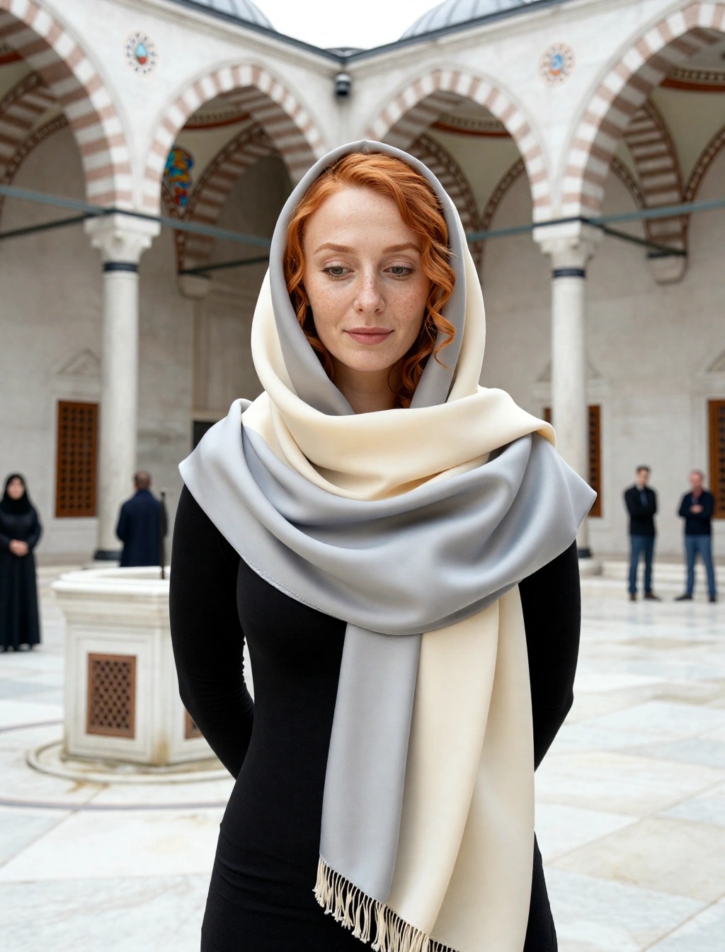 Come Vestirsi a Istanbul Donna: Guida Completa per Stagione 9 Donna con foulard e abito lungo nel cortile di una moschea a Istanbul, esempio di abbigliamento rispettoso per entrare