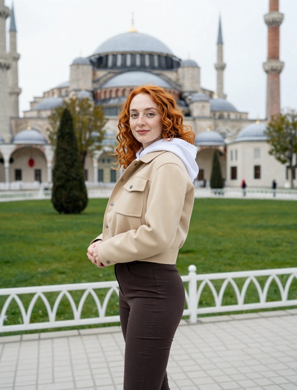 Come Vestirsi a Istanbul Donna: Guida Completa per Stagione 2 Donna con giacca corta beige e pantaloni scuri davanti a Santa Sofia, look autunnale comodo per Istanbul