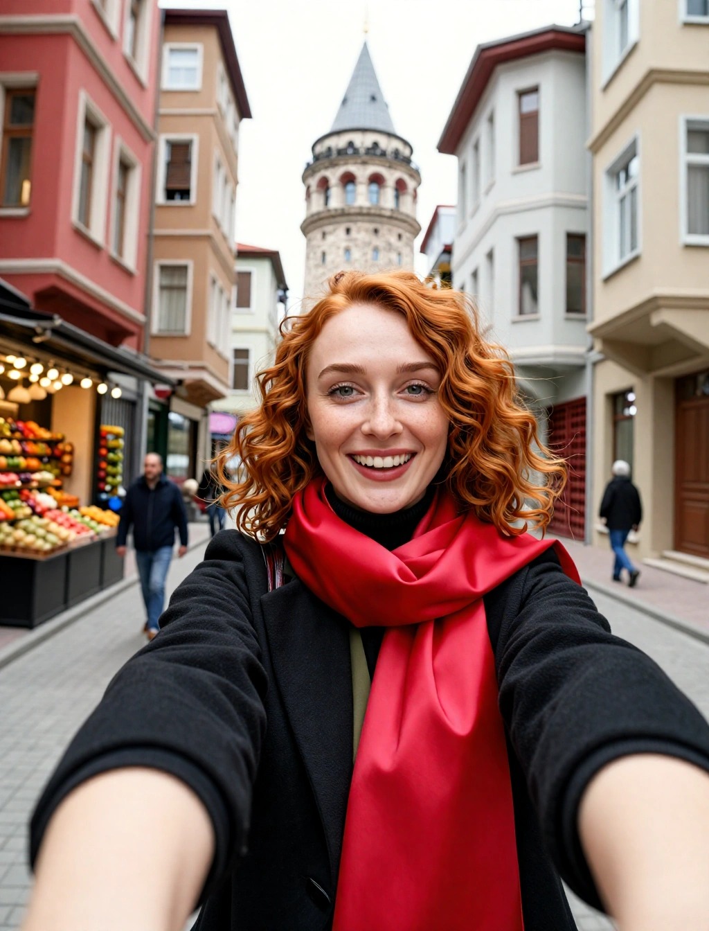 Come Vestirsi a Istanbul Donna: Guida Completa per Stagione 7 Donna con sciarpa rossa e cappotto nero a Galata, idea outfit invernale per camminare a Istanbul
