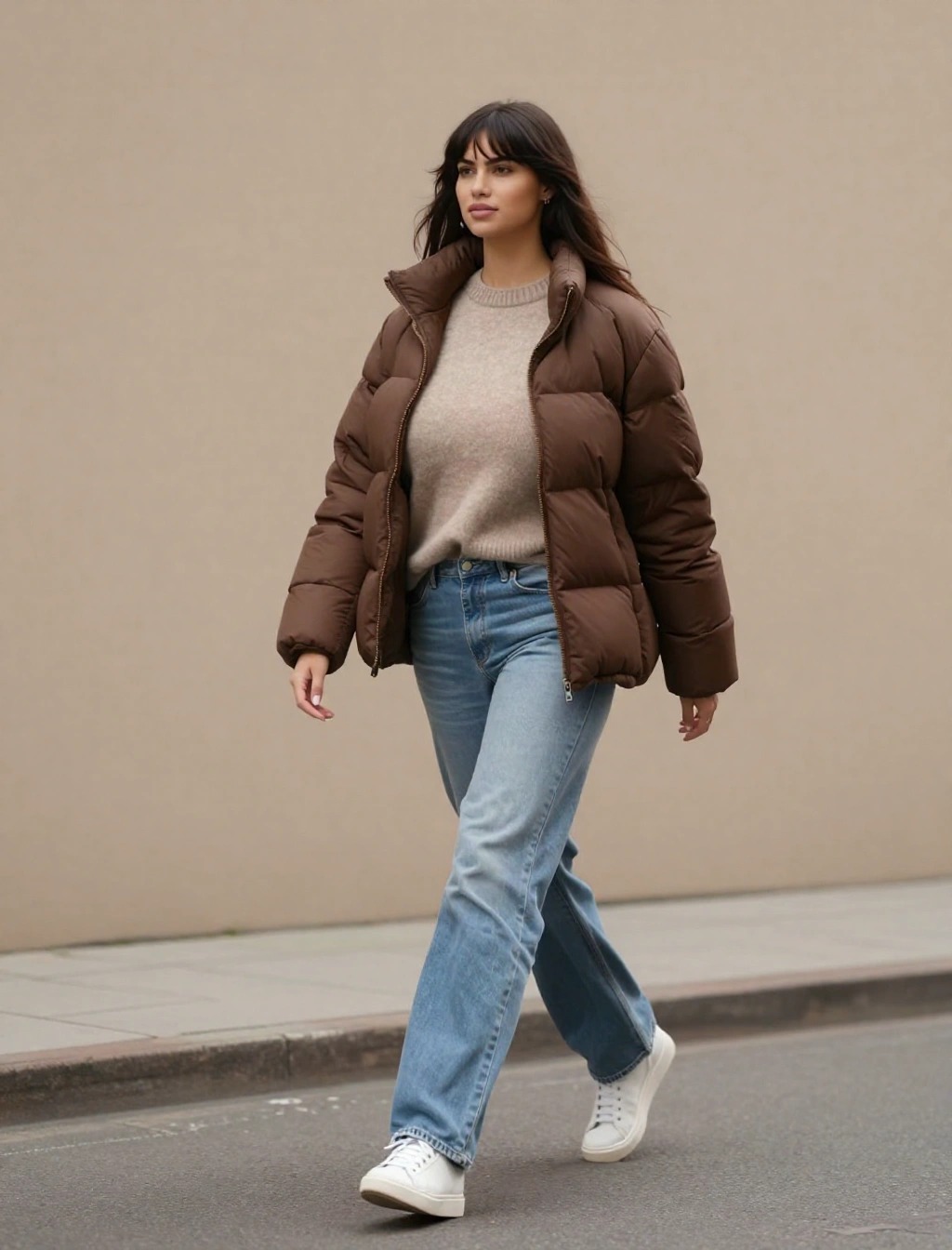 Donna con piumino marrone, maglione beige, jeans dritti e sneakers bianche, outfit casual caldo e pratico per 13 gradi.