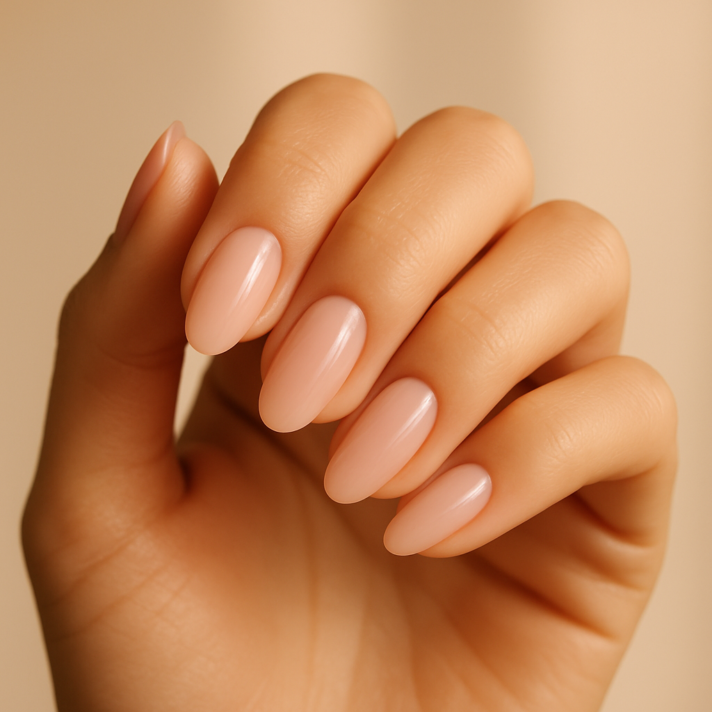 7 colori di smalto che stanno bene su tutto da Provare Ora 7 Mano con unghie a mandorla smalto rosa nude dal finish lucido, manicure elegante e naturale su sfondo beige