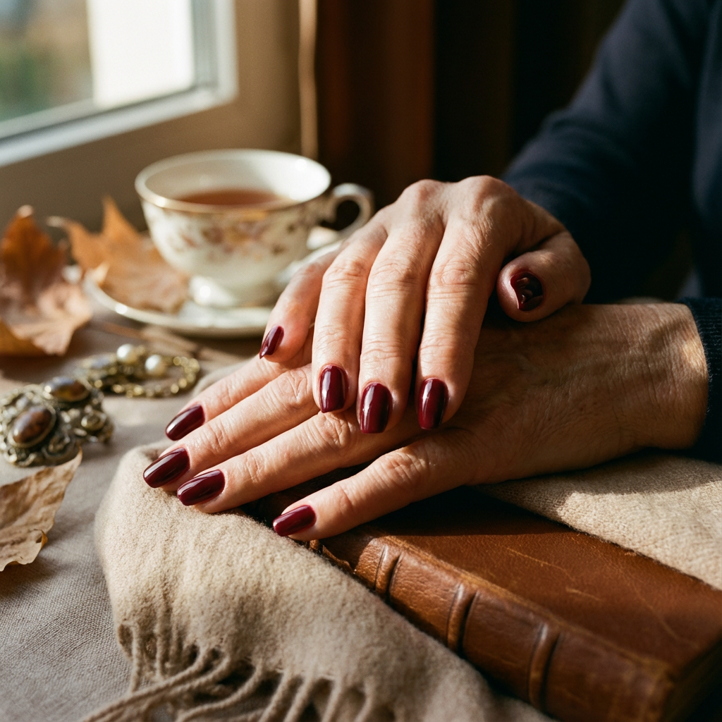 Mani di una donna over 60 con smalto bordeaux profondo e lucido, appoggiate su un libro con una tazza di tè sullo sfondo, in un’atmosfera autunnale elegante.