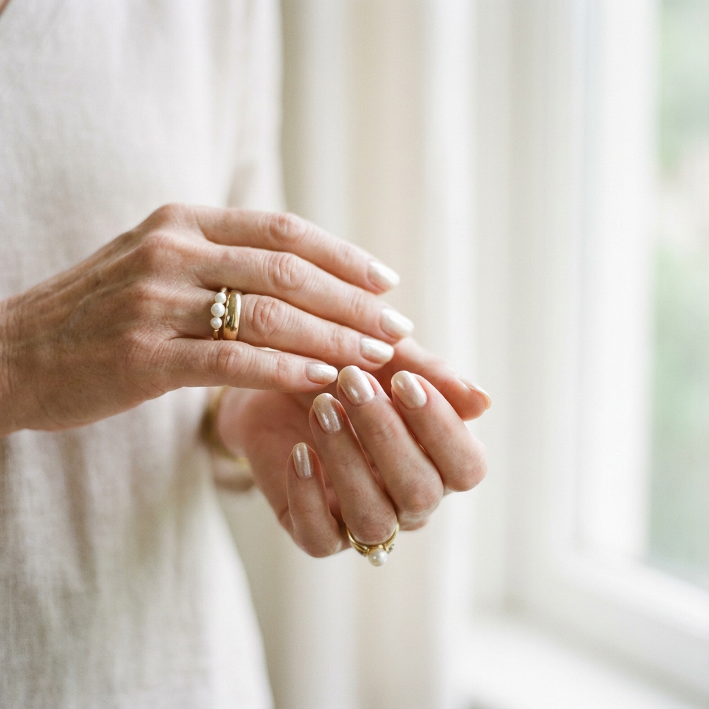 Mani di una donna over 60 con smalto champagne perlato, unghie curate e luminose mentre tocca la mano opposta, in un ambiente luminoso e naturale.