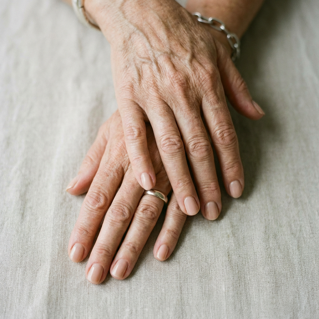Mani di una donna over 60 con smalto nude elegante, unghie curate e aspetto naturale su sfondo in tessuto chiaro.