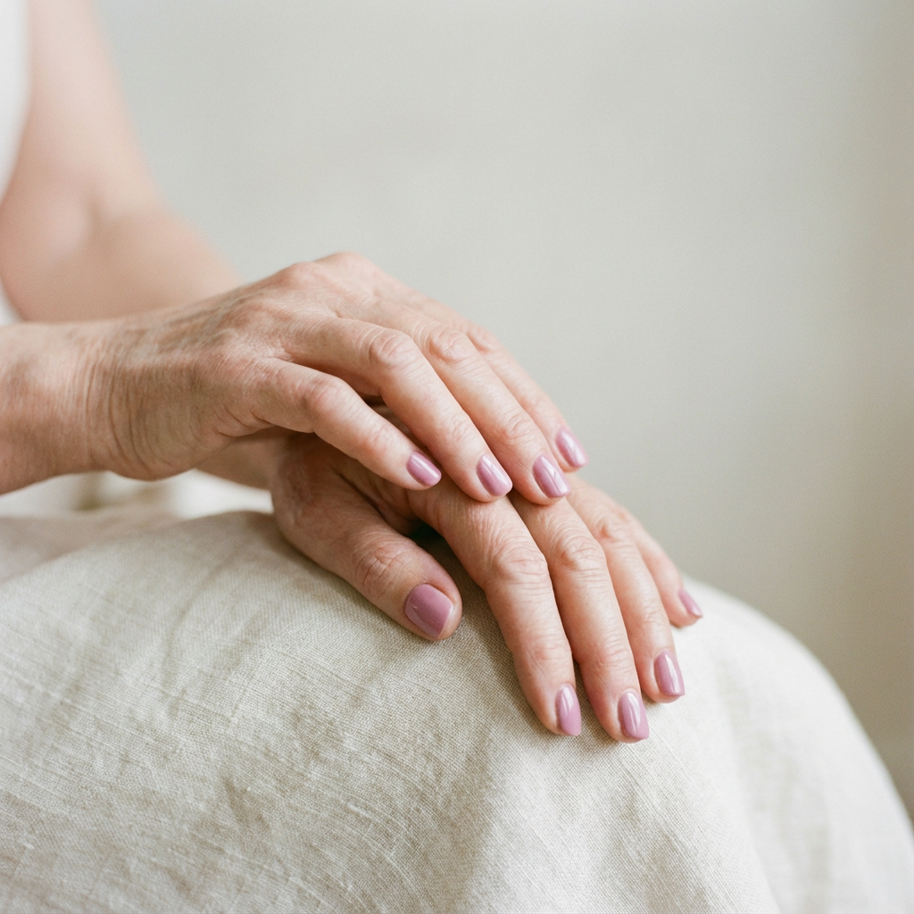 Mani di una donna over 60 con smalto rosa malva soft, unghie corte e curate appoggiate su tessuto chiaro, in una luce naturale e delicata.
