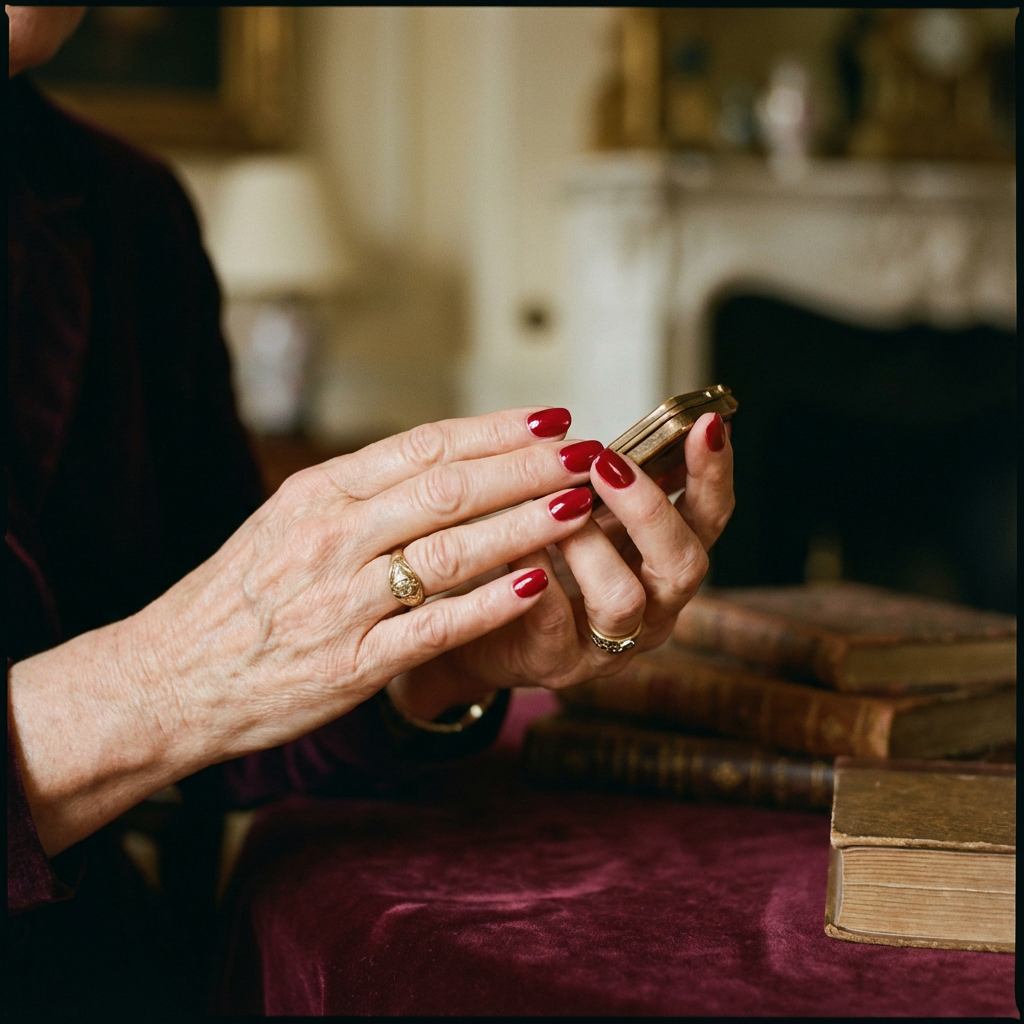 Mani di una donna over 60 con smalto rosso elegante, unghie curate mentre tiene un orologio tascabile, in un ambiente classico e raffinato.