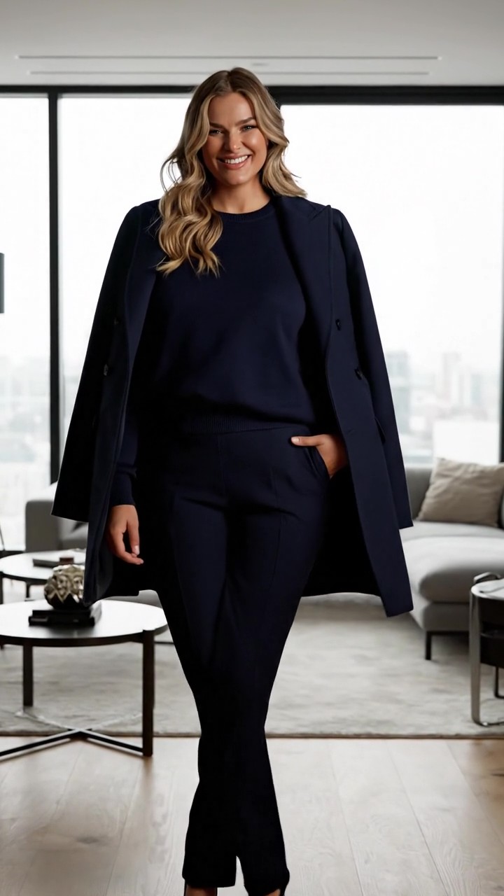 Donna che indossa un outfit monocromatico blu navy con maglia, pantaloni sartoriali e cappotto coordinato, un trucco di stile efficace per nascondere la pancia creando una silhouette slanciata e continua.