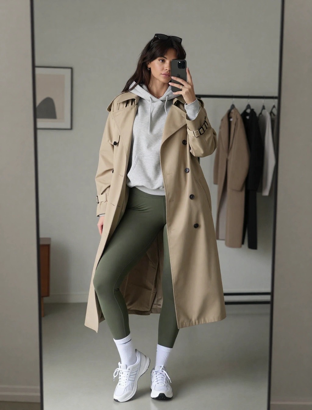 Donna che scatta un selfie allo specchio con trench beige, felpa grigia con cappuccio, leggings verdi e sneakers bianche, outfit athleisure pratico per 13 gradi.