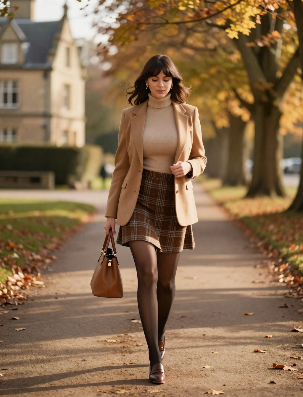 Donna che cammina all’aperto con blazer cammello, dolcevita beige, gonna a quadri e collant neri, look autunnale chic per 13 gradi.