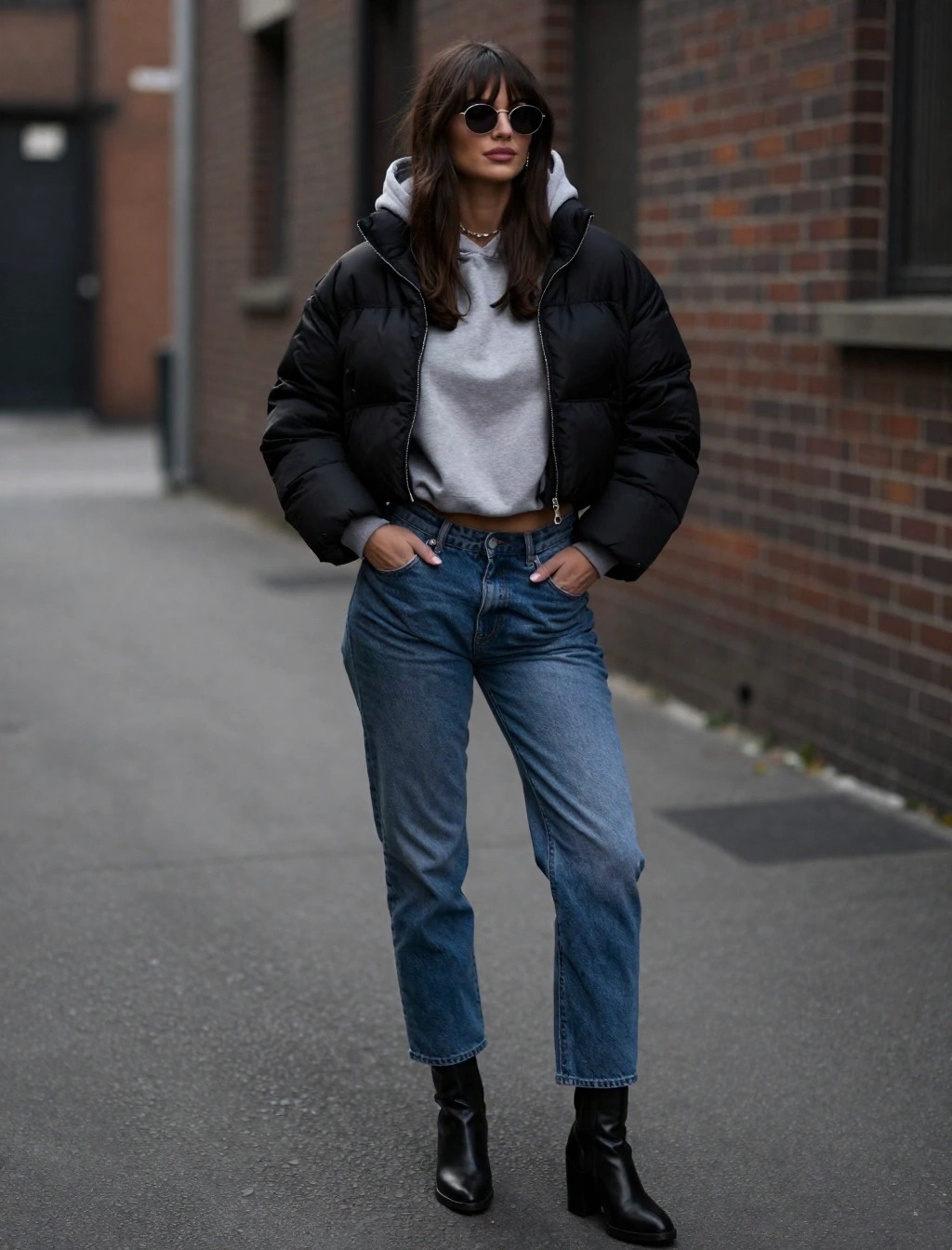Donna con piumino nero corto, felpa grigia, jeans dritti e stivaletti neri, outfit casual da strada perfetto per una giornata di 13 gradi.