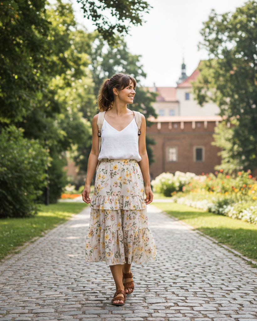 Donna con outfit estivo composto da top bianco, gonna midi a fiori, sandali in cuoio e zainetto, mentre cammina lungo un sentiero alberato vicino al Castello di Wawel a Cracovia.