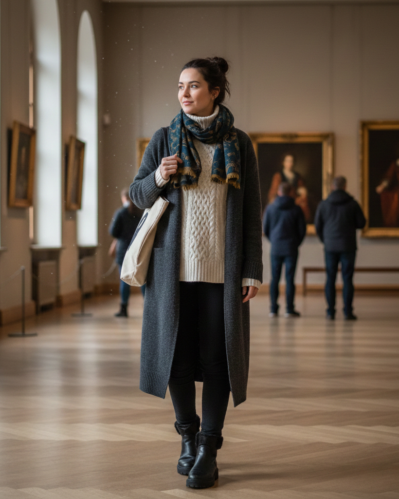 Donna con outfit invernale composto da cardigan grigio lungo, maglione a collo alto bianco, pantaloni neri e sciarpa, all'interno di un museo d'arte a Cracovia.