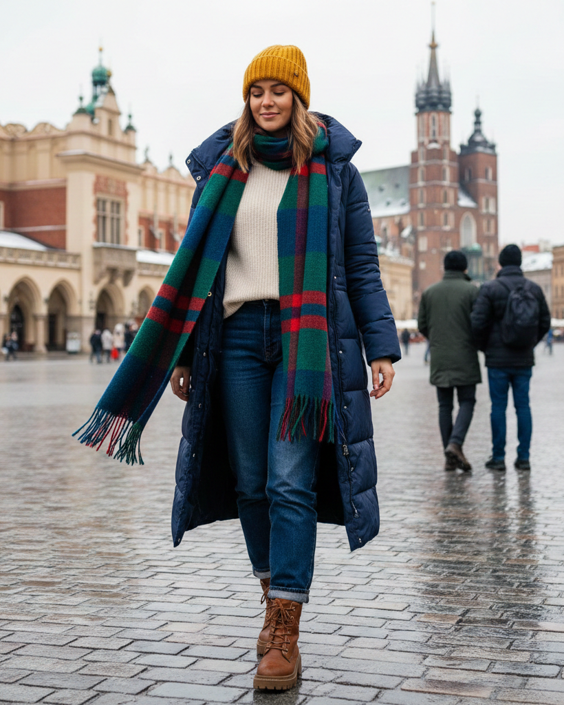 Donna in Piazza del Mercato a Cracovia con outfit invernale composto da piumino lungo blu, maglione panna, jeans, sciarpa colorata a quadri, berretto senape e stivaletti stringati in pelle.