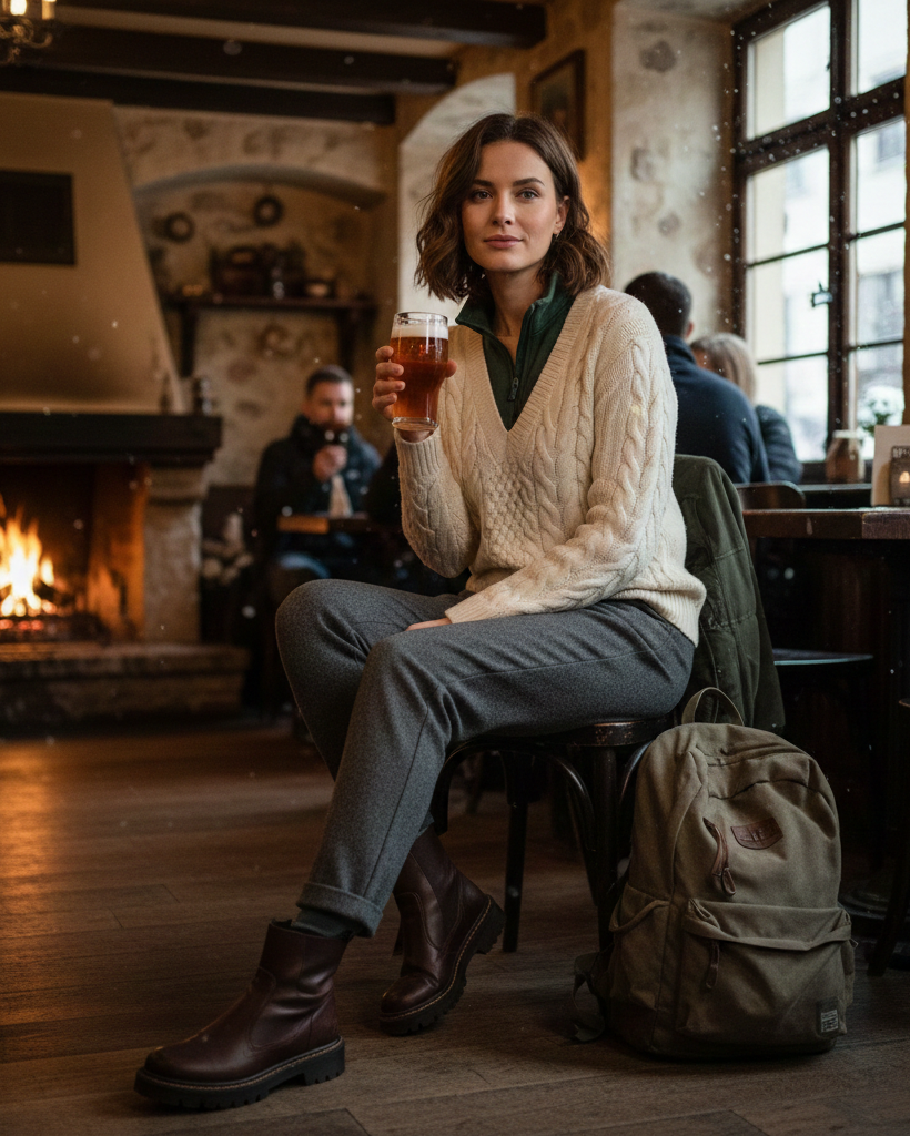 Donna in un pub di Cracovia con maglione tecnico a trecce panna, pantaloni in lana grigi e stivaletti in pelle marrone davanti a un caminetto acceso.