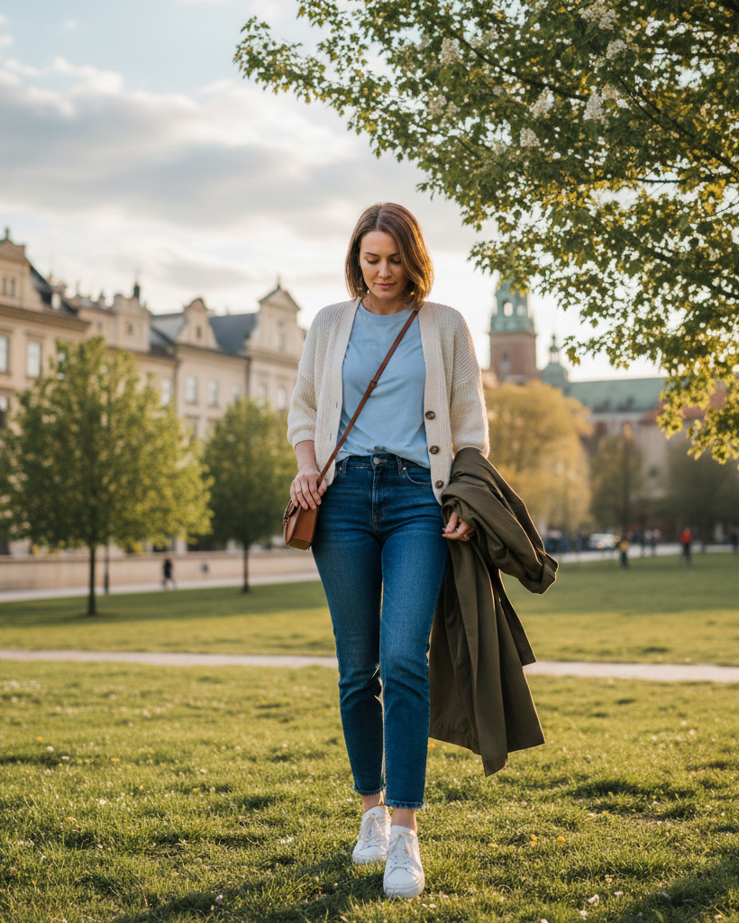 Donna che cammina in un parco a Cracovia in primavera indossando un outfit casual composto da cardigan panna, t-shirt azzurra, jeans denim e sneakers bianche, tenendo un trench verde oliva in mano.