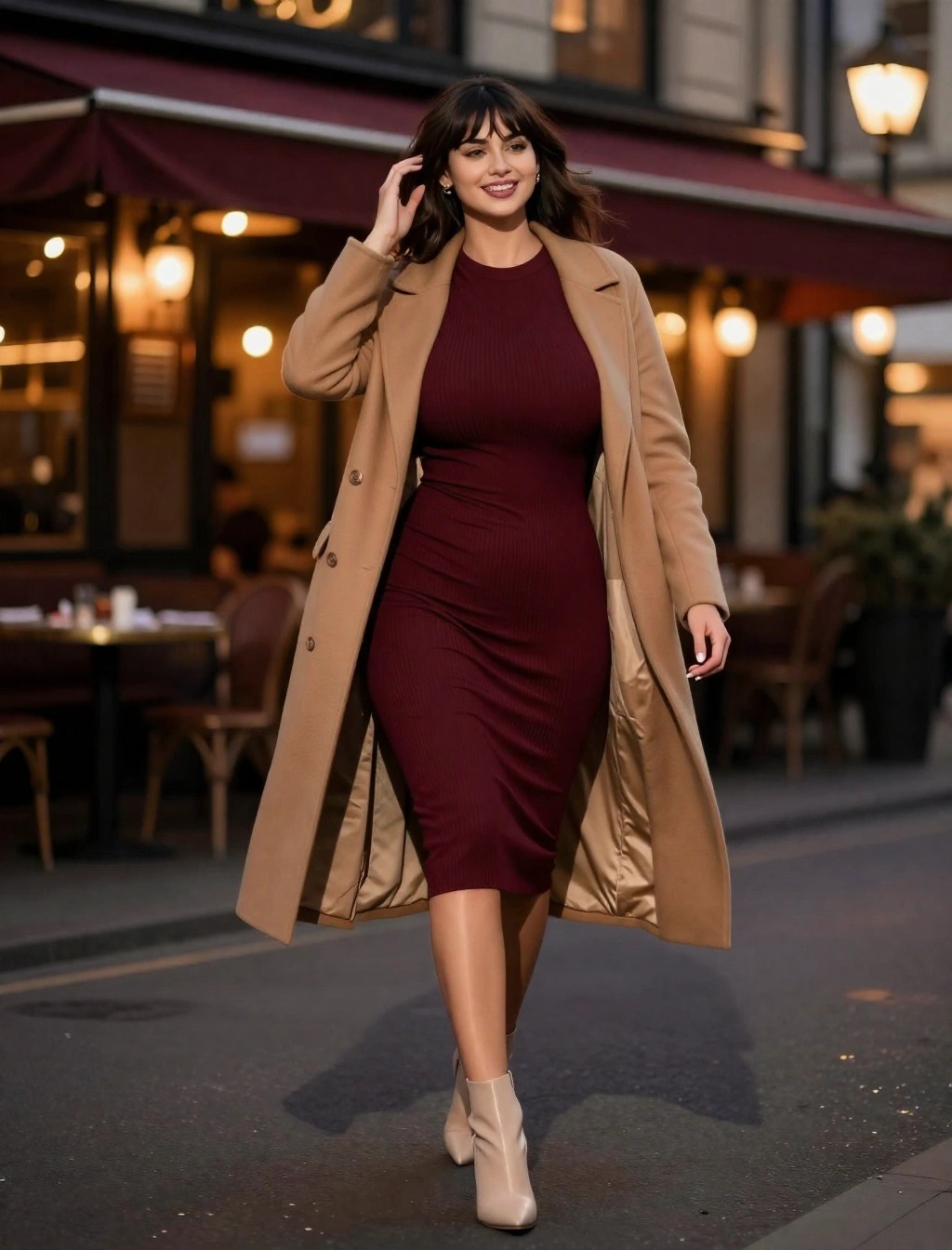 Donna con abito midi bordeaux aderente, cappotto cammello e stivaletti chiari, look elegante da sera perfetto per una temperatura di 13 gradi.