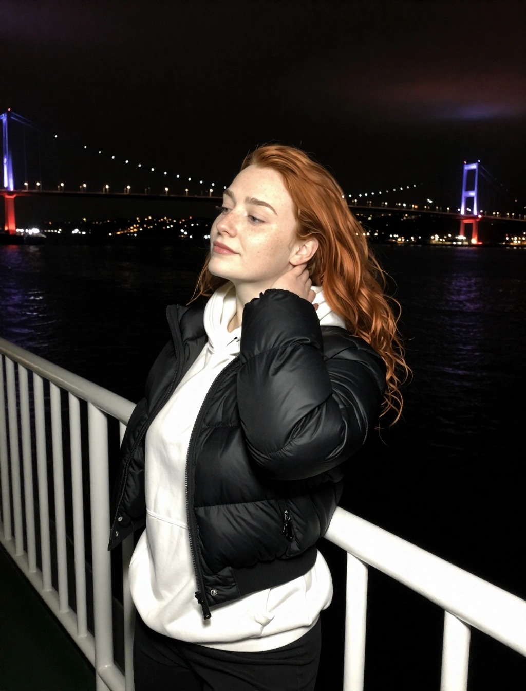 Come Vestirsi a Istanbul Donna: Guida Completa per Stagione 8 Cosa indossare la sera a Istanbul: piumino nero leggero e felpa bianca sul traghetto con Ponte sul Bosforo illuminato