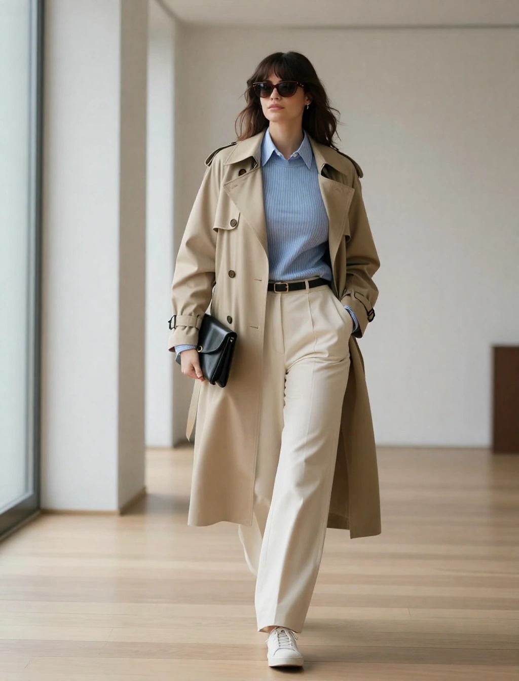 Donna con trench beige, camicia azzurra e pantaloni chiari, outfit elegante e comodo per andare in ufficio con 13 gradi.