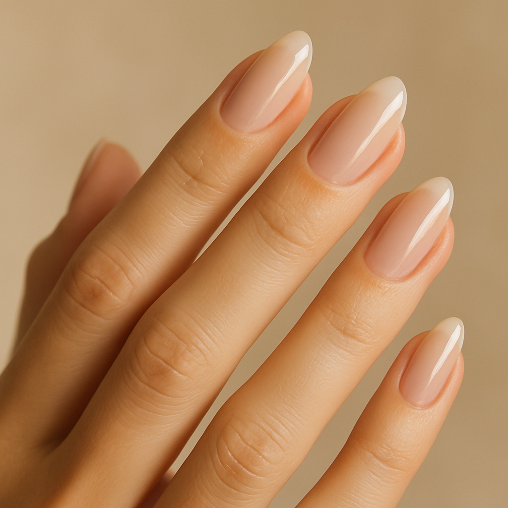 7 colori di smalto che stanno bene su tutto da Provare Ora 4 Unghie a mandorla con smalto nude naturale e finish lucido, manicure elegante e minimal su sfondo beige.