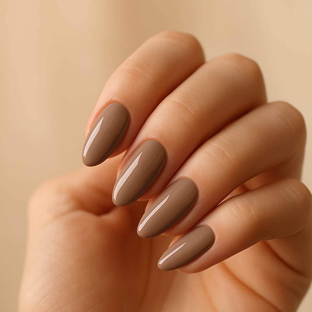 7 colori di smalto che stanno bene su tutto da Provare Ora 9 Unghie a mandorla con smalto taupe lucido, manicure neutra ed elegante su sfondo beige.