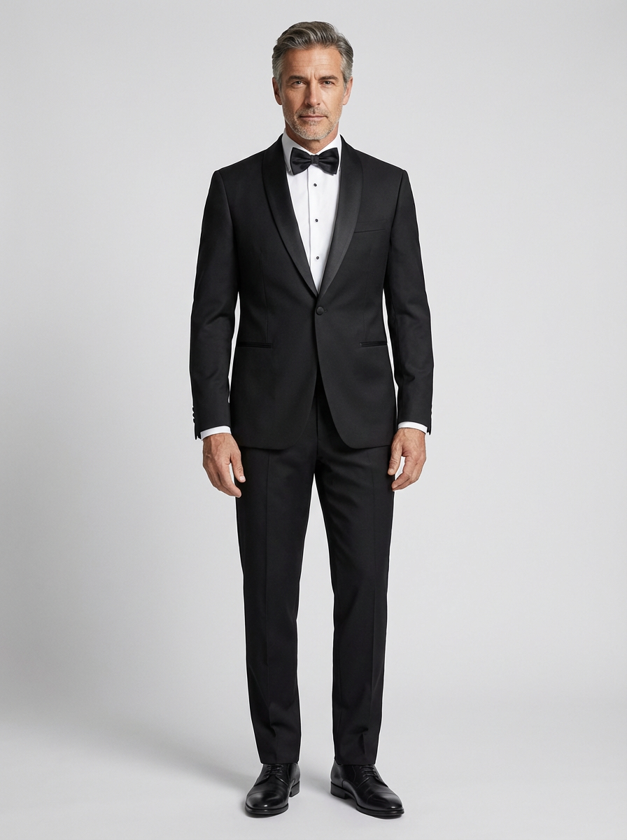 Uomo che indossa un elegante abito nero da gala aziendale con revers in raso e papillon, look formale e raffinato.
